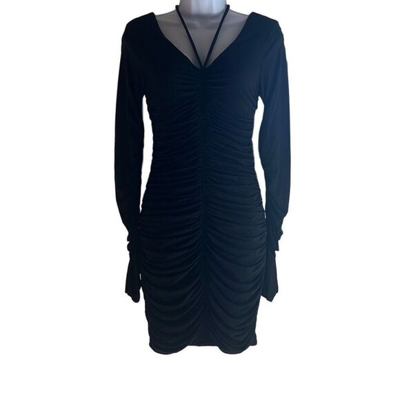 A.L.C. Black Ruched Bodycon Mini Dress Long Sleeve Halter Neck Medium $495 NWT - Picture 2 of 16